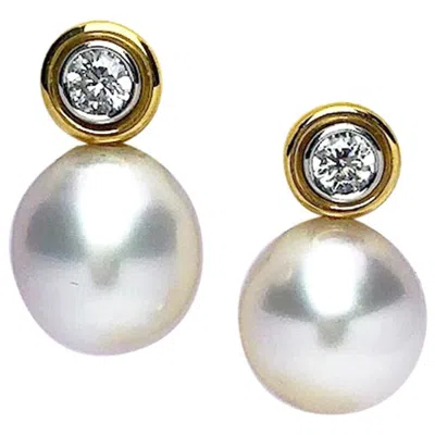 Pre-owned Cellini Nyc 18 Karat Yellow Gold South Sea Pearl And Diamond Drop Earrings