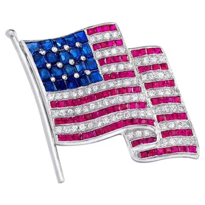 Pre-owned Cellini Plat 1" American Flag Brooch, .85ct. Diamond, 1.75 Carat Ruby & 1.88ct. Sapphire In Blue
