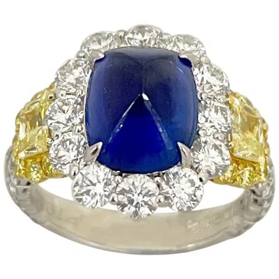 Pre-owned Cellini Plat/18kt 4.27ct. Sugarloaf Sapphire, Fancy Yellow & White Diamond Ring