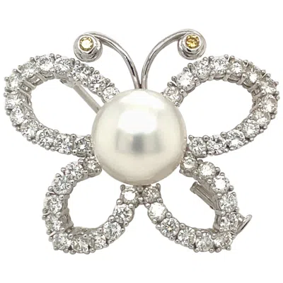 Pre-owned Cellini Platinum And 18 Karat White Gold 3.20 Carat Diamond And Pearl Butterfly Brooch