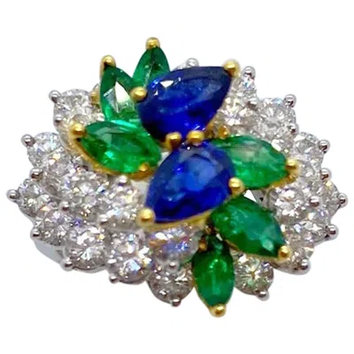 Pre-owned Cellini Platinum And 18kt Gold, 2.17ct. Diamond, 1.13ct. Sapphire & .89ct. Emerald Ring In Green