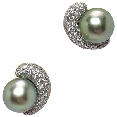 Pre-owned Cellini Platinum & 18kt White Gold And Diamond Earrings With Green Tahitian Pearl Center