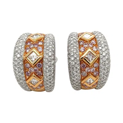 Pre-owned Cellini Princess Cut Diamond Hoop Earrings With Pink Diamonds In 18kt Gold