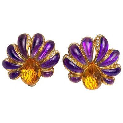 Pre-owned Cellini Roberto Casarin For  Carved Amethyst, Citrine, & Dia. Yg Flower Earrings In Purple