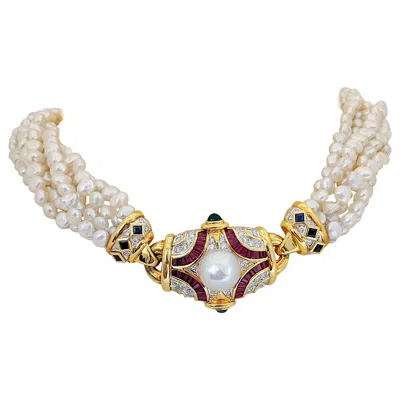 Pre-owned Cellini Six Strand Pearl Necklace With Diamond, Ruby, Emerald, And Blue Sapphire Center
