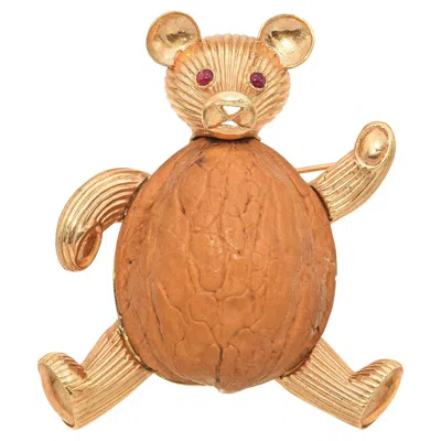 Pre-owned Cellino Vintage  Yellow Gold Ruby Eyes And Walnut Belly Large Teddy Bear Brooch