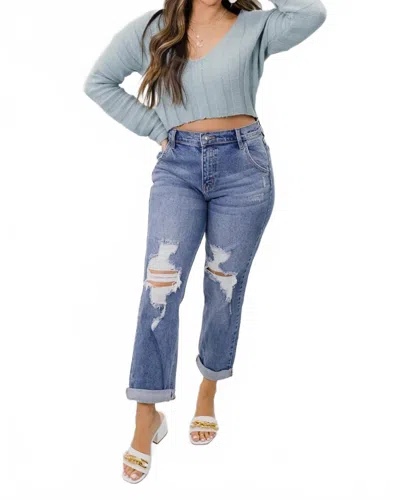 Cello Dirty Looks High Rise Cuff Mom Jeans In Denim In Multi