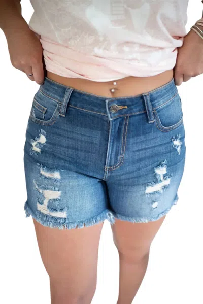 Cello Frayed Denim Shorts In Dark Wash In Blue