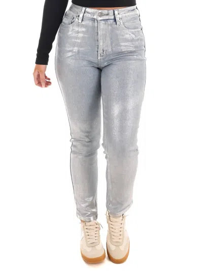 Cello High Rise Metallic Straight Jeans In Silver