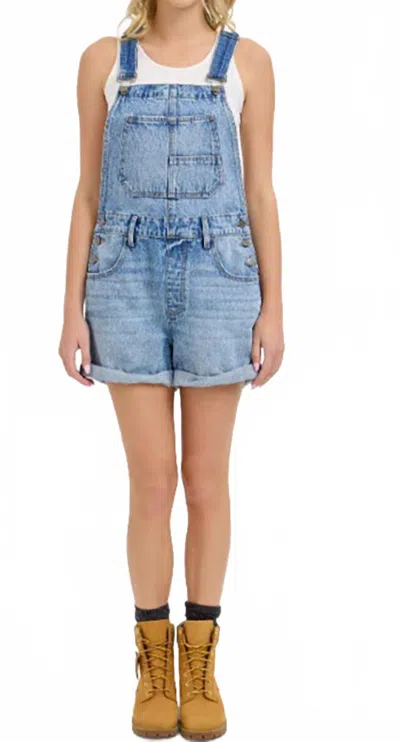 Cello High-rise Denim Shortall With Rolled Cuff Romper In Medium Blue