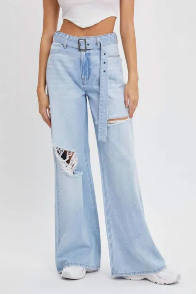 Cello Jenna High Rise Wide Leg Belted Jeans In Light Wash In Blue