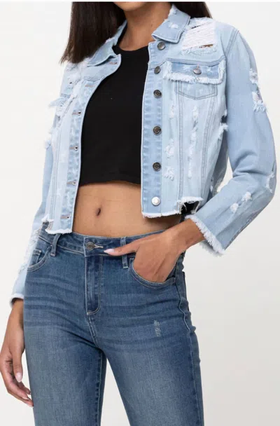 Cello Mid Length Uneven All Over Fray Edges Jacket In Blue