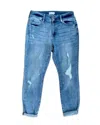 Cello Mid Rise Distress Double Rolled Cuff Hem Crop Skinny Jeans In Medium Denim In Blue