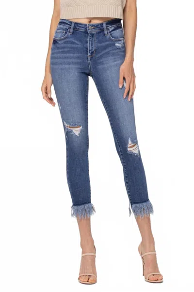 Cello Mid Rise Fringe Hem Crop Skinny Jeans In Medium Denim Wash In Blue