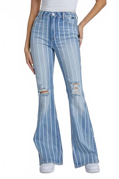 Cello Vertical Striped High Rise Super Flare Jeans In Medium Denim In Blue