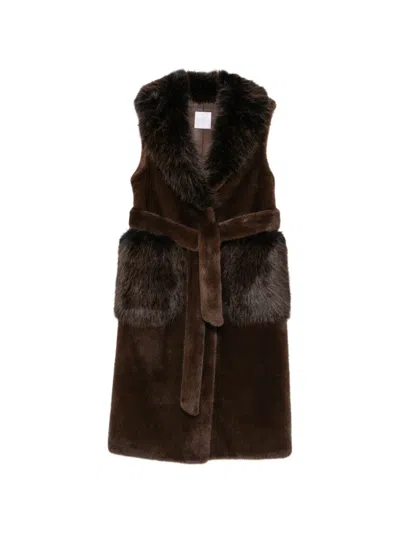 Cenere Faux-fur Belted Coat In Brown