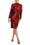 Cenia Metallic Abstract Back Bow Sheath Dress In Red Black