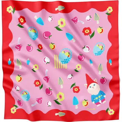 Centinelle Cat Garden Gnome  Silk Large Square Scarf In Pink