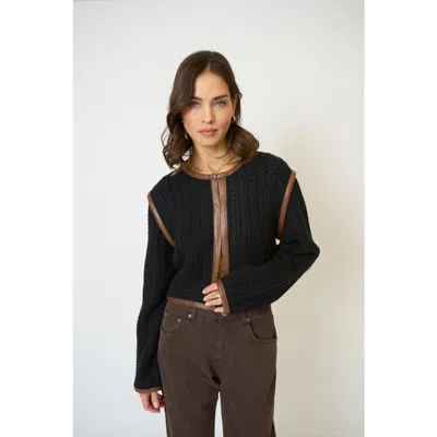 Central Park West Faux-leather Trim Cardigan Sweater In Black