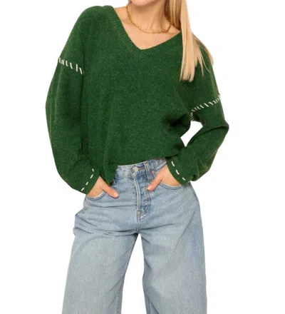 Central Park West Billie Whipstich V Neck Sweater In Green