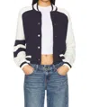Central Park West Cable Sleeve Knit Bomber Jacket In Navy In Blue