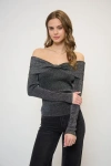 Central Park West Colette Ribbed Lurex Off The Shoulder Sweater In Gray