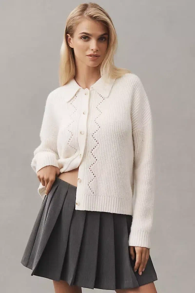 Central Park West Collared Pointelle Cardigan Sweater In White
