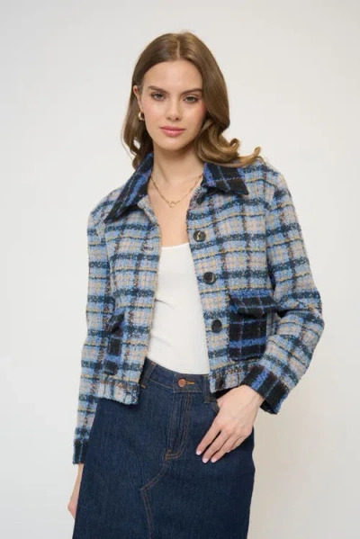 Central Park West Daphne Cropped Mixed Plaid Patch Pocket Jacket In Blue
