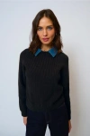 Central Park West Dash Denim Collar Pullover In Black
