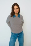 Central Park West Dash Denim Collar Pullover In Gray