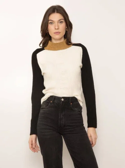 Central Park West Deacon Tuck Neck Cable Sweater In Ivory Combo