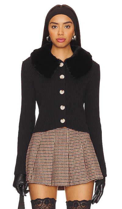 Central Park West Delilah Faux Fur Collar Cardigan In Black