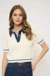 Central Park West Eden Short Sleeve Denim Collared Polo In White