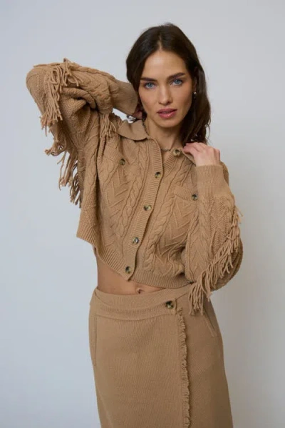 Central Park West Elyse Cabled Fringe Sweater Cardigan In Brown