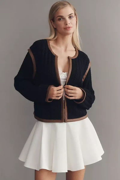 Central Park West Faux-leather Trim Cardigan Sweater In Black