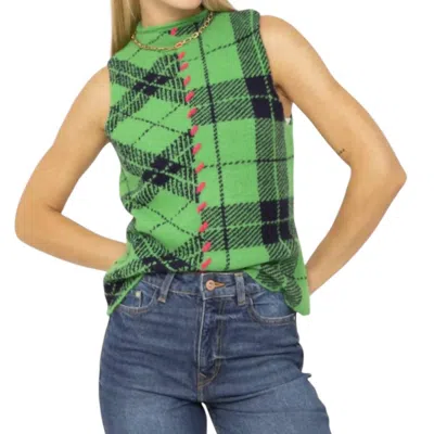 Central Park West Goldie Plaid Sleeveless Sweater In Green