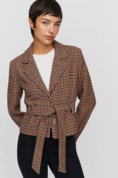 Central Park West Heritage Cropped Tie Blazer Jacket In Brown