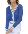 Central Park West Junie Varsity Mesh Stitch Cardigan In Blue