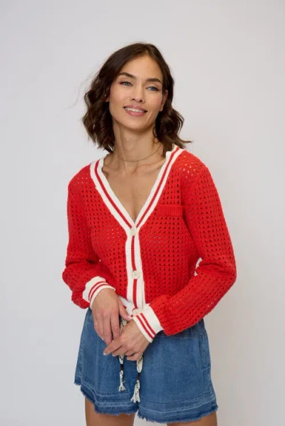 Central Park West Junie Varsity Mesh Stitch Cardigan In Red