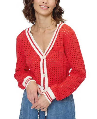 Central Park West Junie Varsity Mesh Stitch Cardigan In Red
