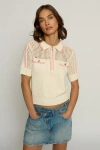 Central Park West Short-sleeve Collared Open-stitch Sweater In Ivory