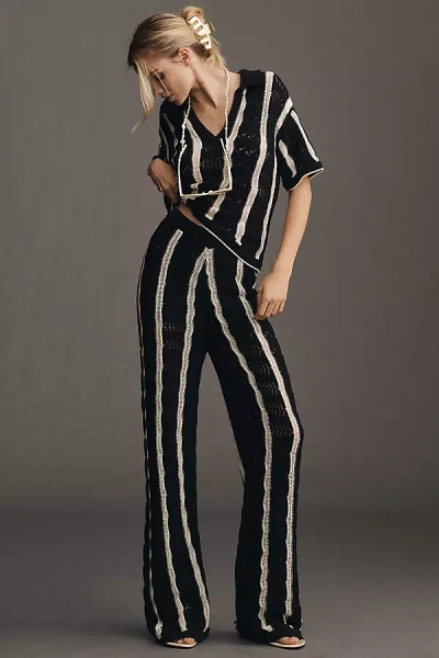 Central Park West Mid-rise Open-stitch Striped Sweater Pants In Black