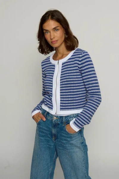 Central Park West Novelty Zipup Cardigan In Blue/white