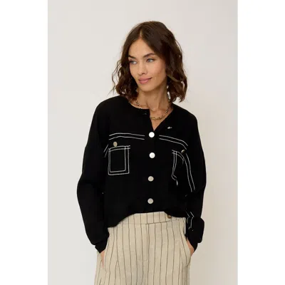 Central Park West Olive Oversized Topstitch Cardigan In Black