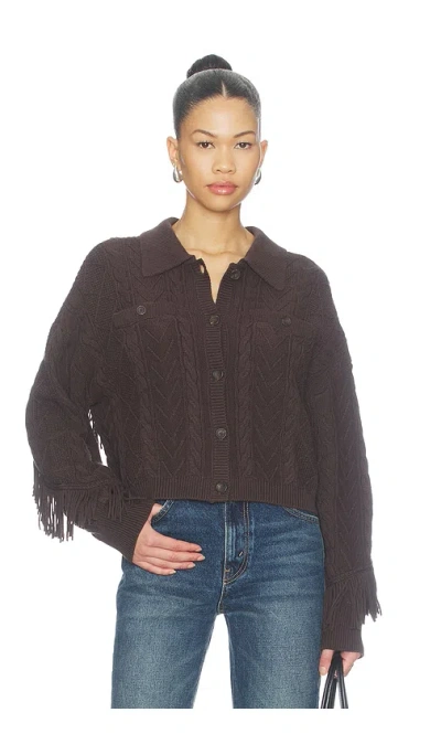 Central Park West Phoebe Cable Fringe Sweater Cardigan In Chocolate