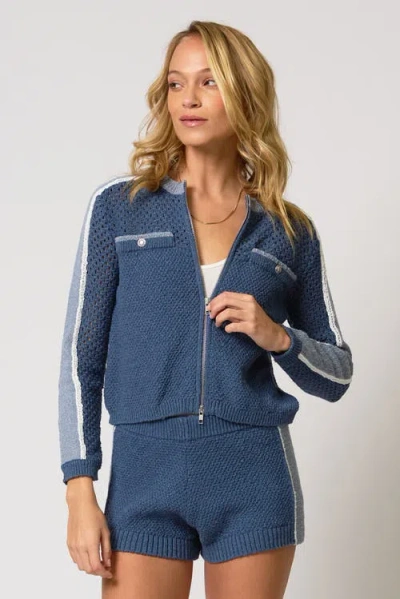 Central Park West Raya Mixed Stitch Zip Cardi In Blue