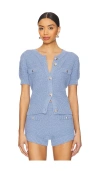 Central Park West Seed Stitch Short Sleeve Cardigan In Blue