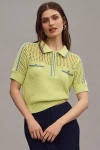 Central Park West Short-sleeve Collared Open-stitch Sweater In Green