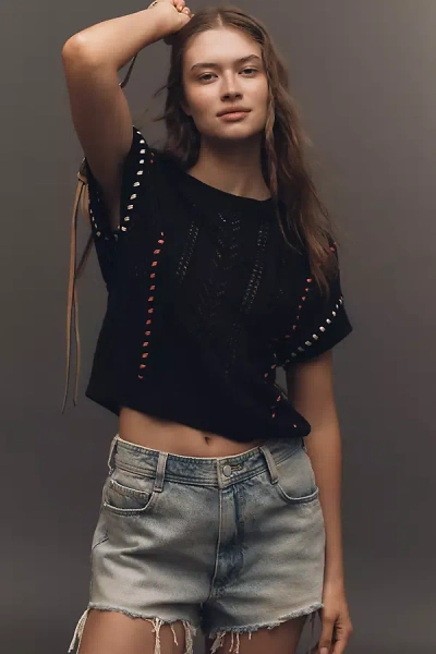 Central Park West Short-sleeve Crew-neck Open-stitch Sweater In Black