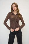 Central Park West Stella Stretch Lace Buttondown In Brown